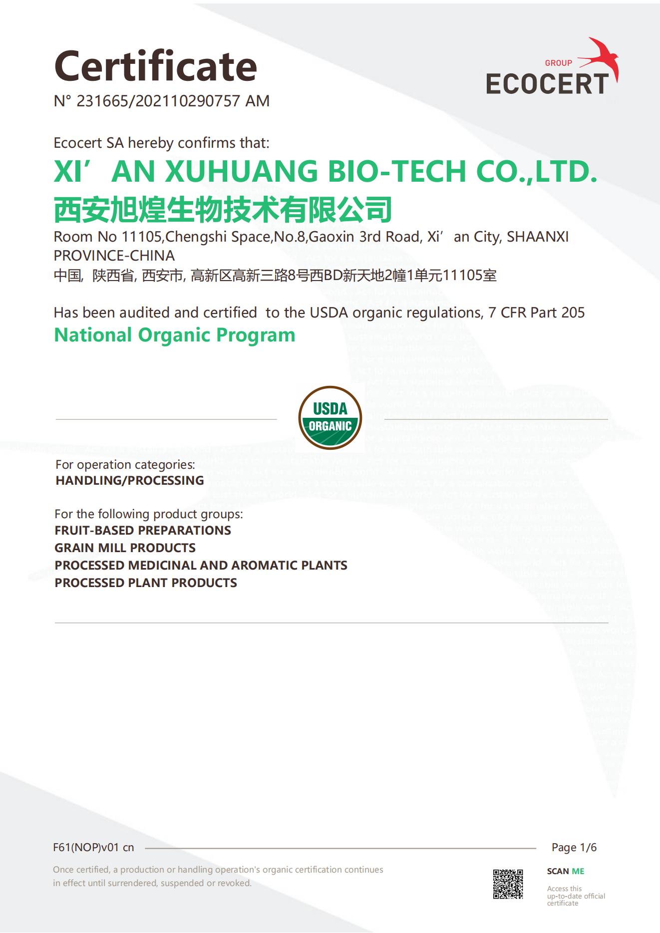 Certificado orgânico EUA (Nop) -xuhuang